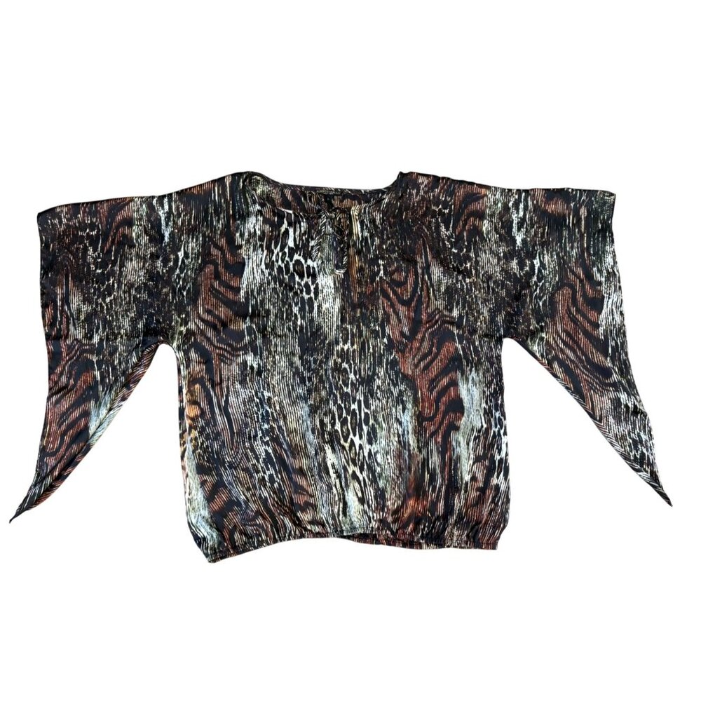 ALBERTO MAKALI WOMENS CASUAL TIE FRONT BLOUSE LARGE ANIMAL PRINT BAT SLEEVE SHEE